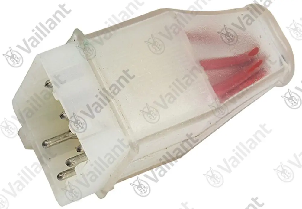 Stecker von Vaillant mit mehreren Anschlüssen, transparentem Gehäuse und sichtbaren Drähten im Inneren, geeignet für elektrische Verbindungen.